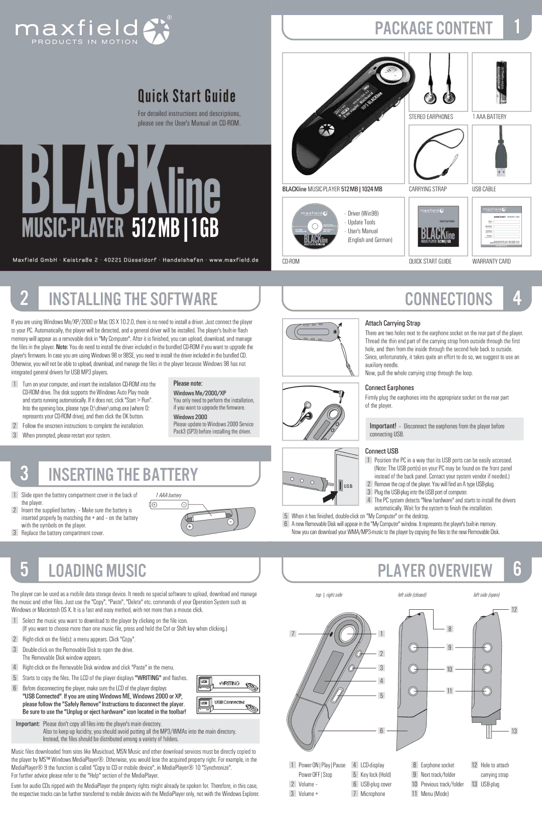 Maxfield BLACKline Music-Player manual Please note, Attach Carrying Strap, Connect Earphones, Connect USB 