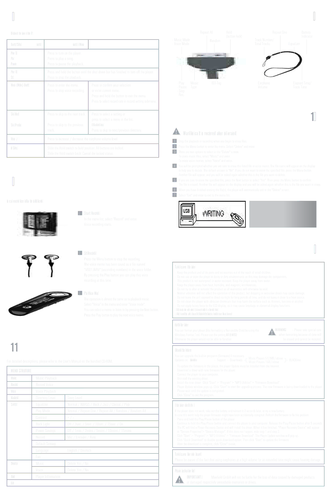 Maxfield BLACKline Music-Player Stop Recording, Play Voice Memos, Record Record Voice, Song Level, Settings Equalizer 