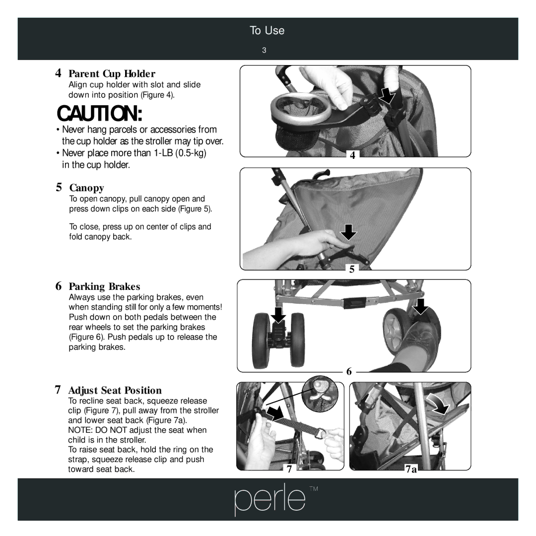 Maxi-Cosi 1443 manual Parent Cup Holder, Canopy, Parking Brakes, Adjust Seat Position 