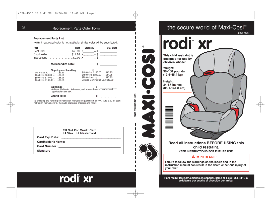 Maxi-Cosi 4358-4583 manual Replacement Parts List, Merchandise Total 