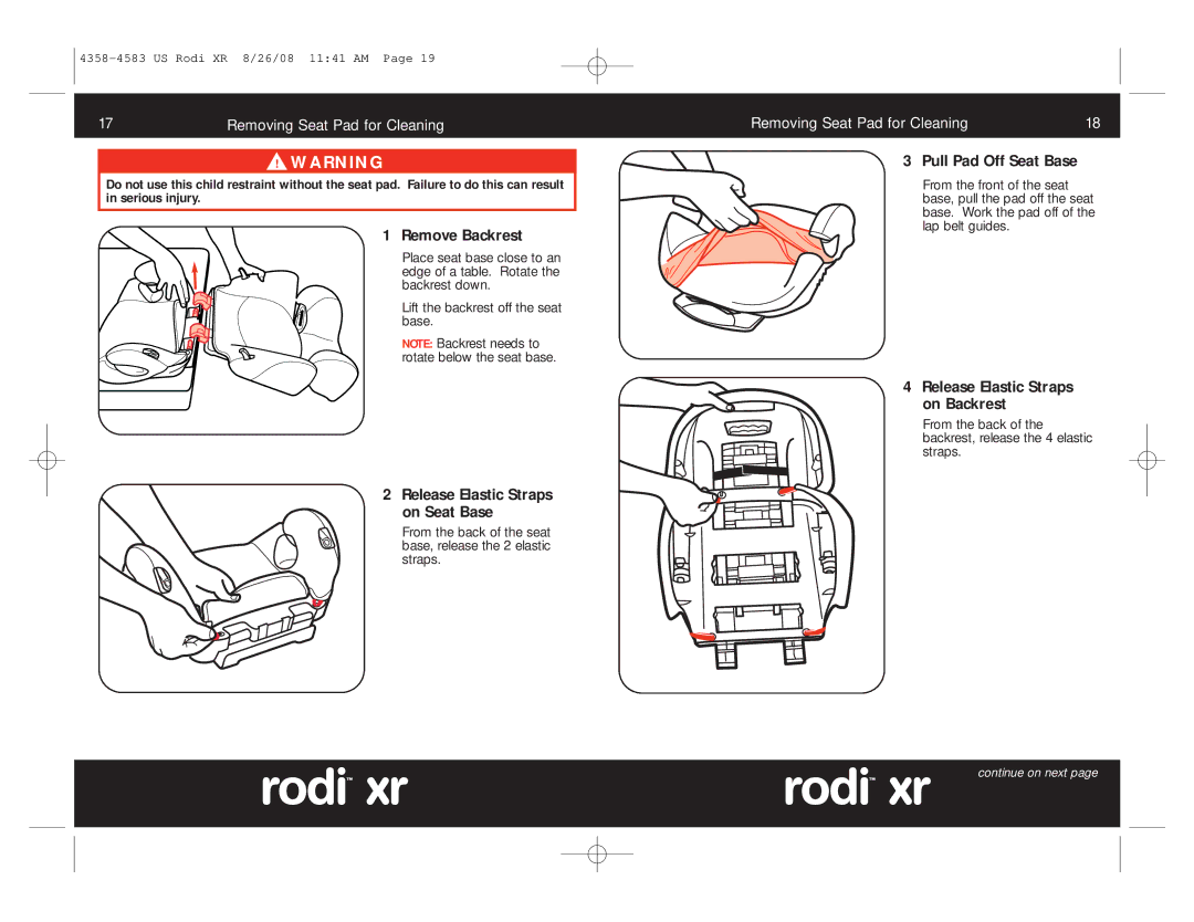 Maxi-Cosi 4358-4583 manual Pull Pad Off Seat Base, Release Elastic Straps on Backrest, Release Elastic Straps on Seat Base 