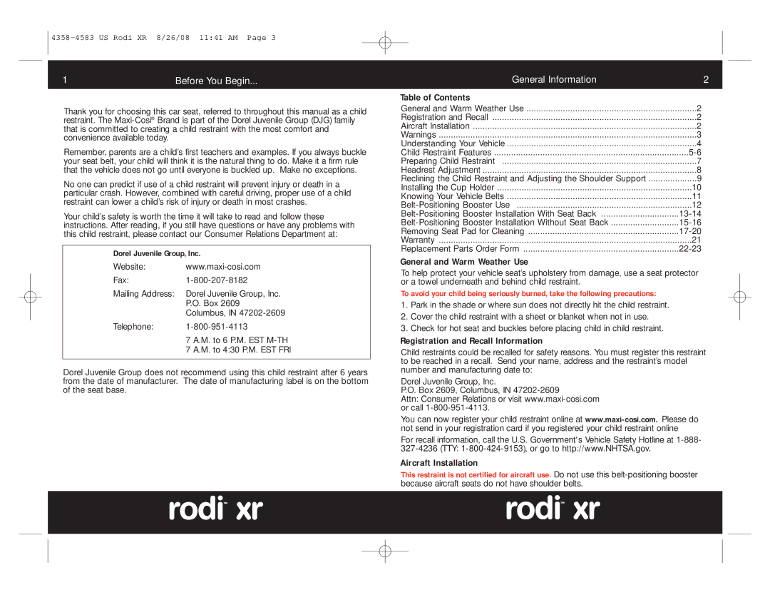 Maxi-Cosi 4358-4583 manual Table of Contents, General and Warm Weather Use, Registration and Recall Information 