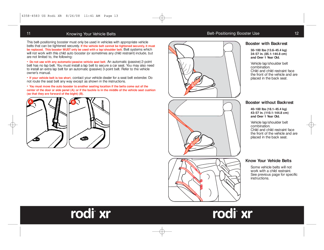 Maxi-Cosi 4358-4583 manual Booster with Backrest, Booster without Backrest, Know Your Vehicle Belts 