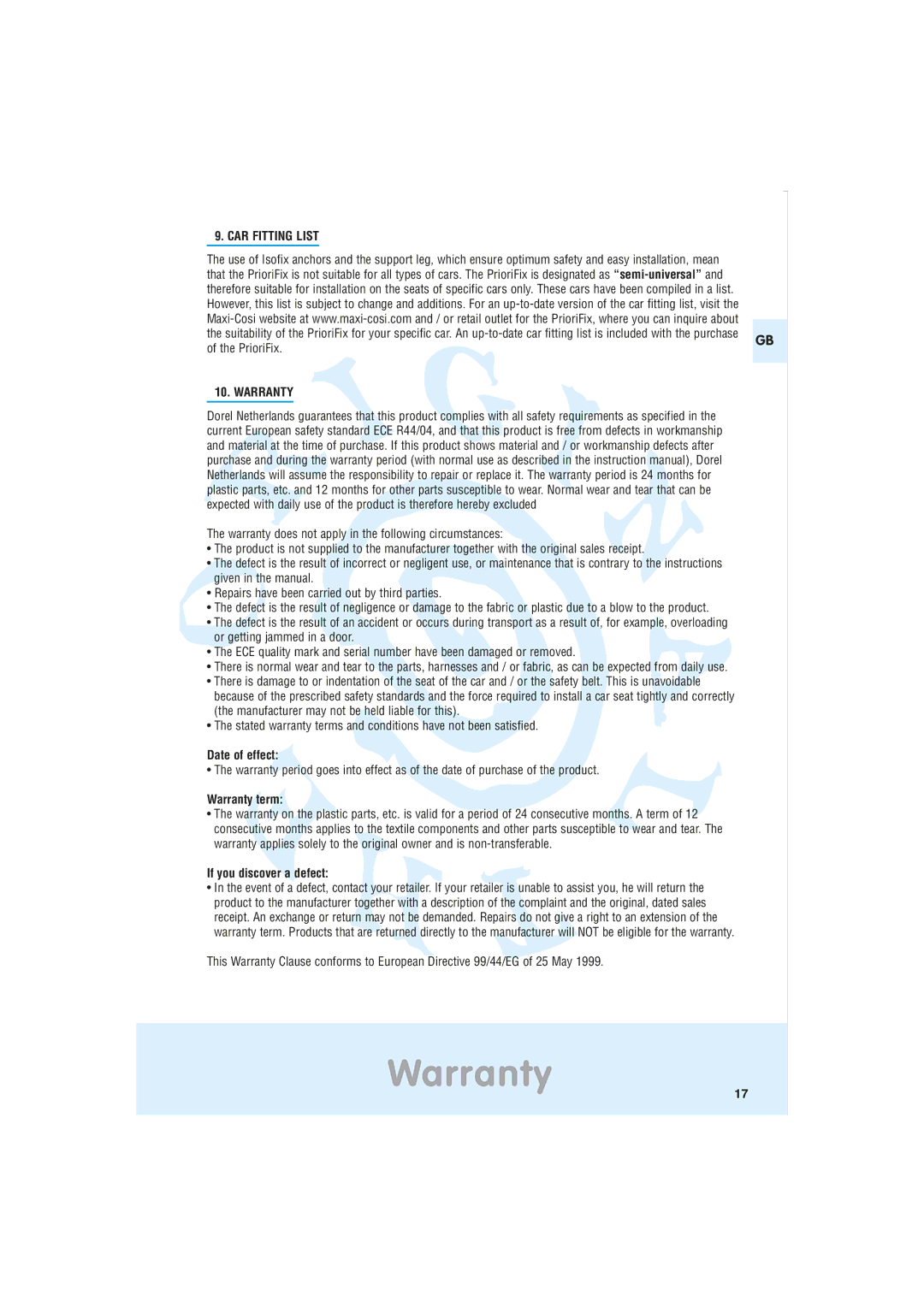 Maxi-Cosi Car Seat manual Warranty, CAR Fitting List 