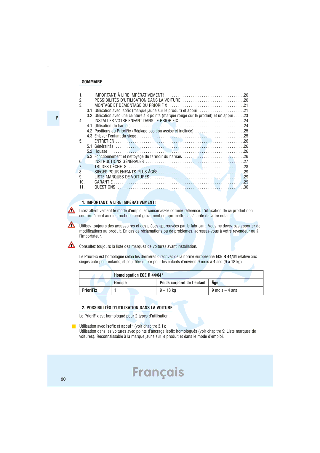 Maxi-Cosi Car Seat manual Sommaire, Important À Lire Impérativement, Possibilités D’UTILISATION Dans LA Voiture 