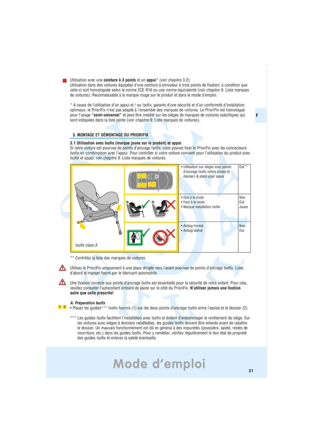 Maxi-Cosi Car Seat manual Mode d’emploi, Montage ET Démontage DU Priorifix, Préparation Isofix 