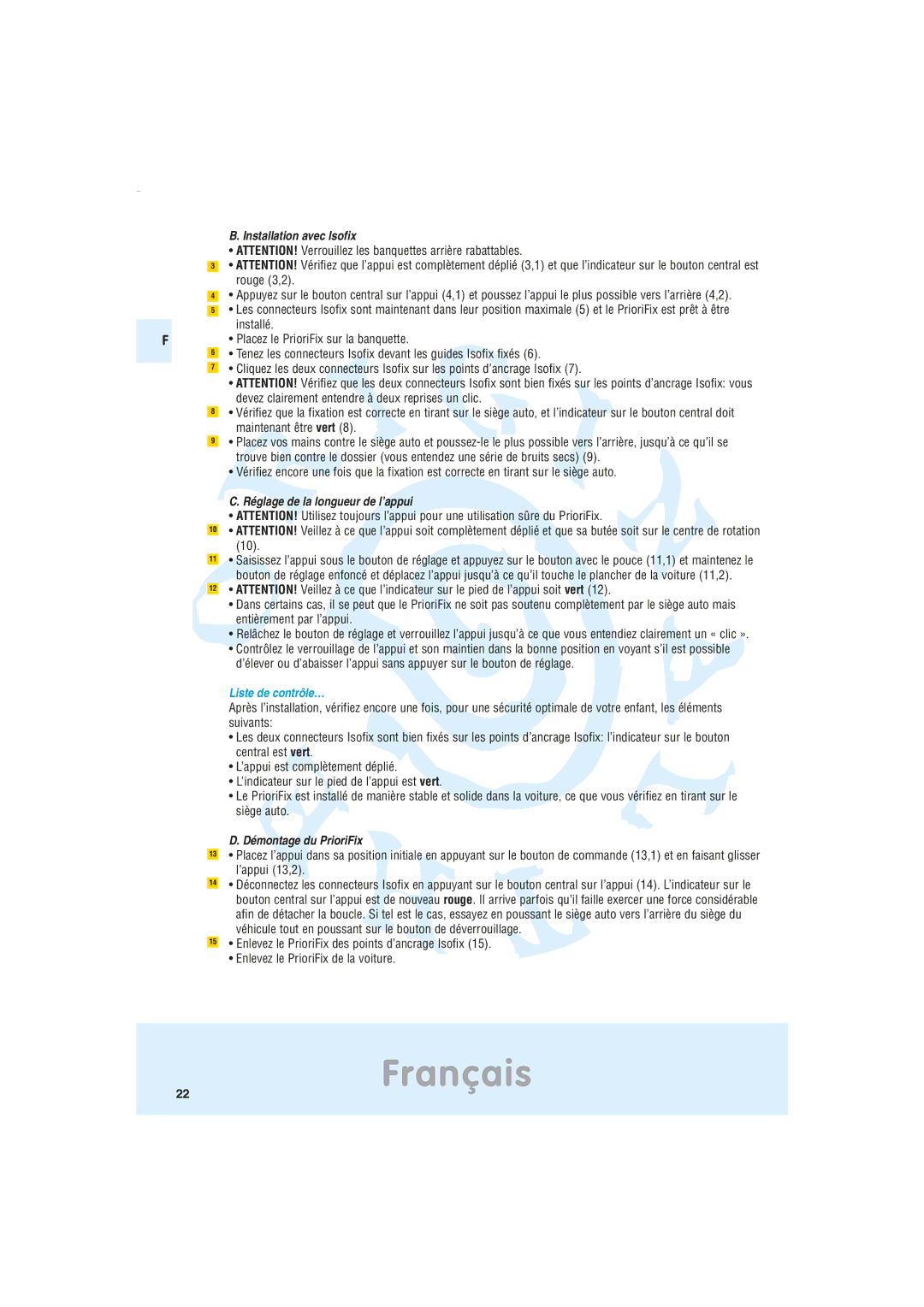 Maxi-Cosi Car Seat manual Installation avec Isofix, Réglage de la longueur de l’appui, Démontage du PrioriFix 