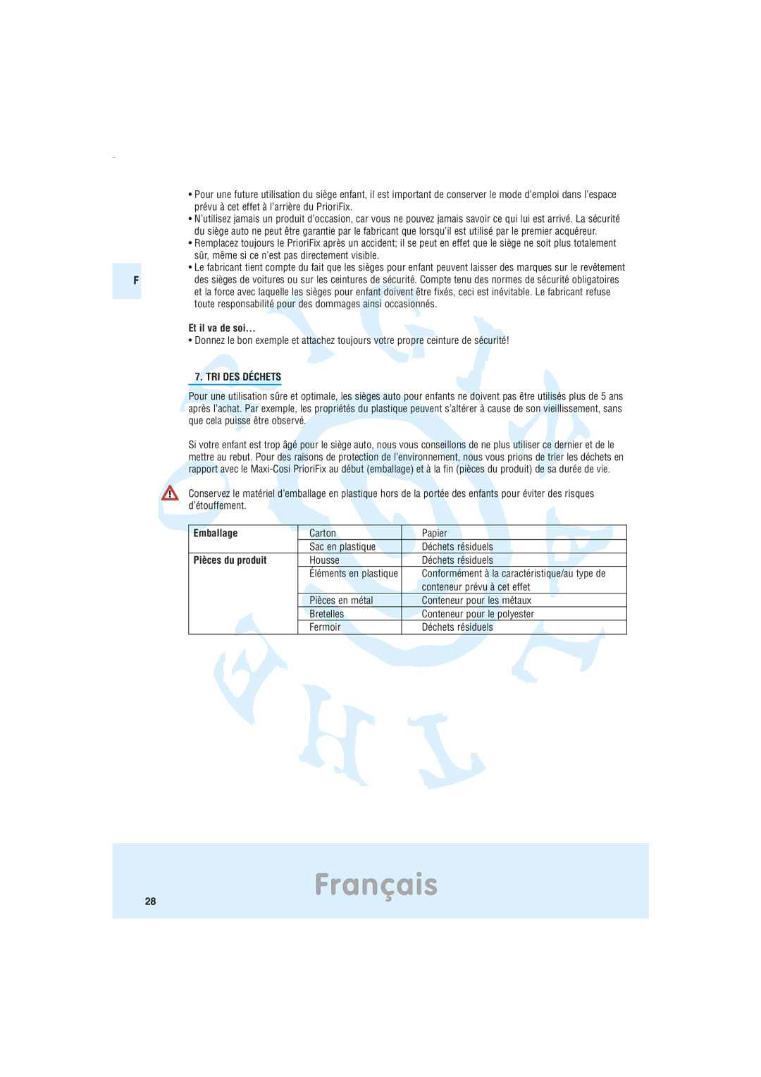 Maxi-Cosi Car Seat manual Et il va de soi…, TRI DES Déchets, Emballage, Pièces du produit 