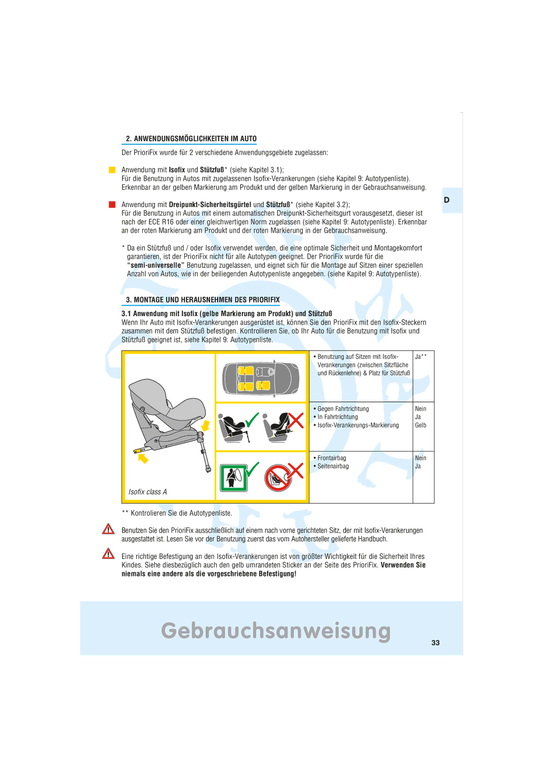 Maxi-Cosi Car Seat manual Gebrauchsanweisung, Anwendungsmöglichkeiten IM Auto, Montage UND Herausnehmen DES Priorifix 