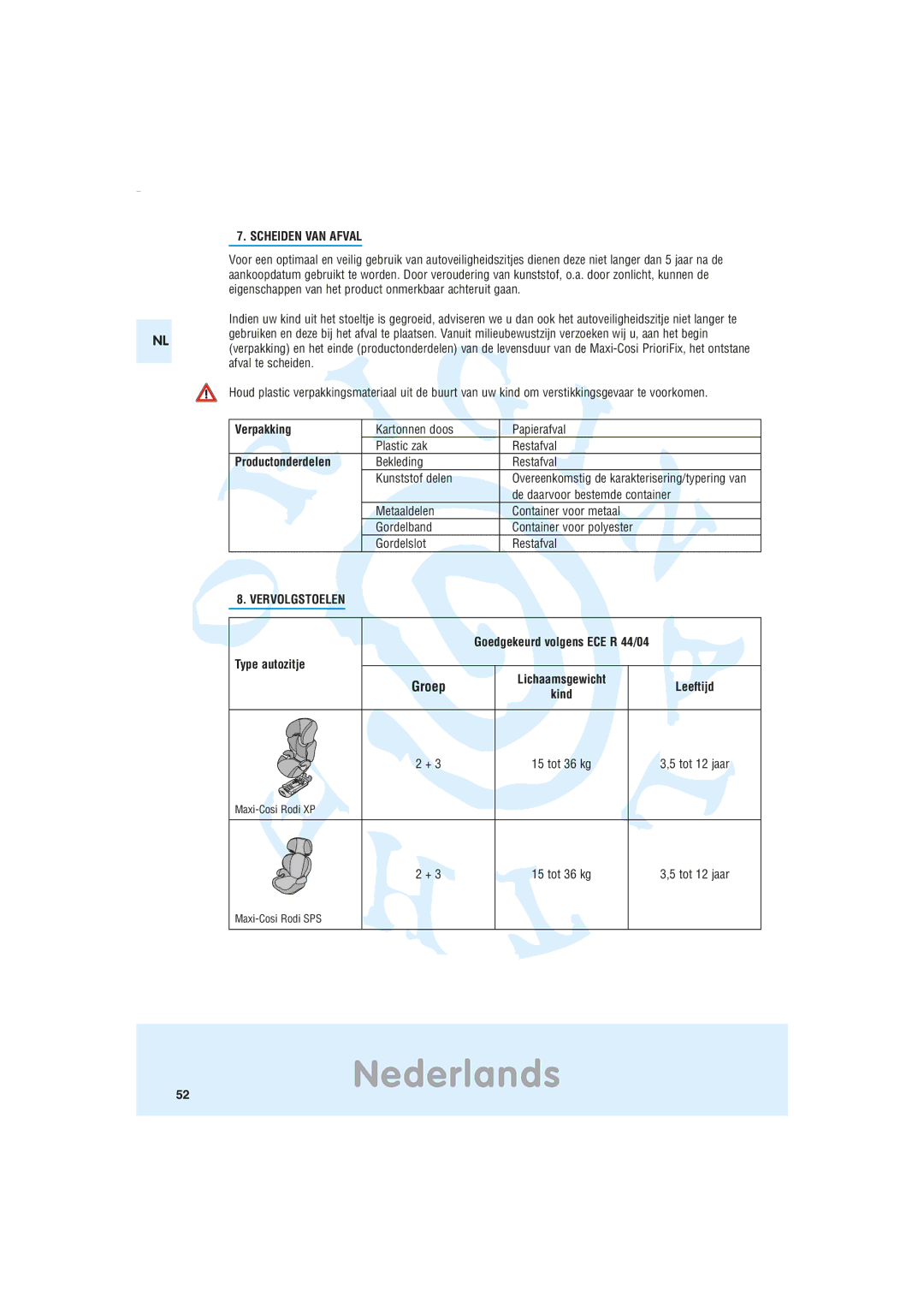 Maxi-Cosi Car Seat manual Scheiden VAN Afval, Verpakking, Productonderdelen, Vervolgstoelen 