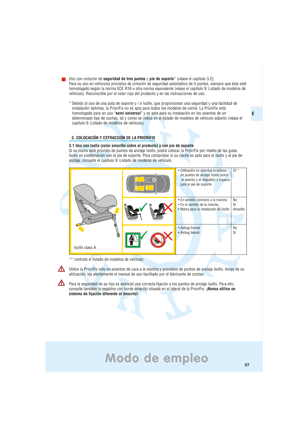 Maxi-Cosi Car Seat Modo de empleo, Colocación Y Extracción DE LA Priorifix, Controle el listado de modelos de vehículo 