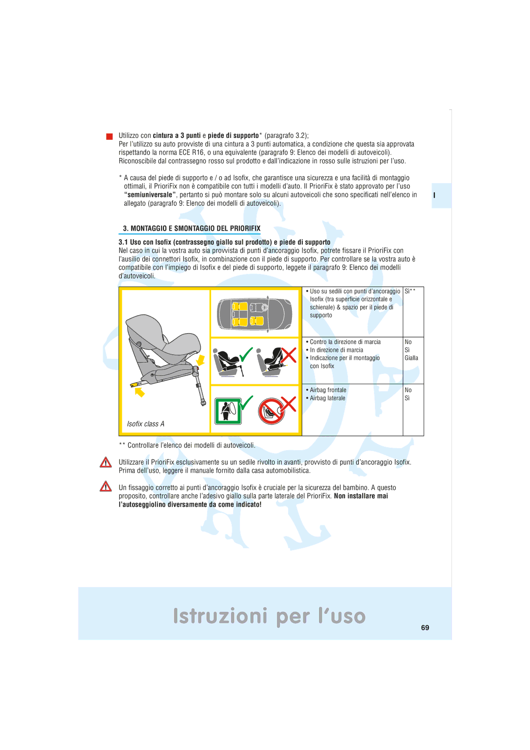 Maxi-Cosi Car Seat manual Istruzioni per l’uso, Montaggio E Smontaggio DEL Priorifix 