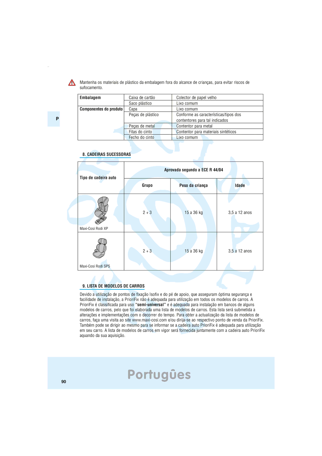 Maxi-Cosi Car Seat manual Embalagem, Cadeiras Sucessoras, Aprovada segundo a ECE R 44/04 Tipo de cadeira auto 