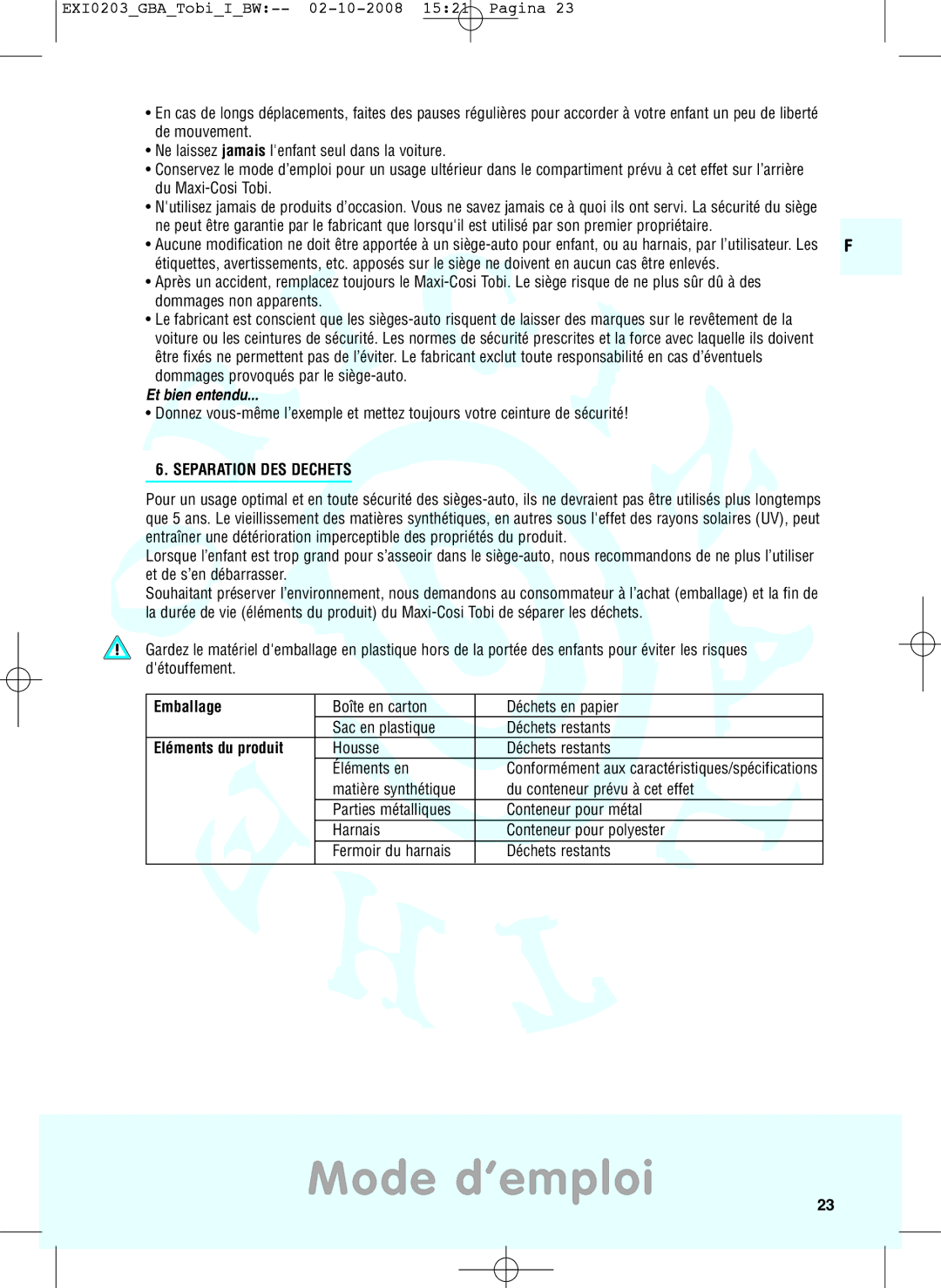 Maxi-Cosi DRU0632 manual Et bien entendu, Separation DES Dechets, Emballage, Housse Déchets restants Éléments en 