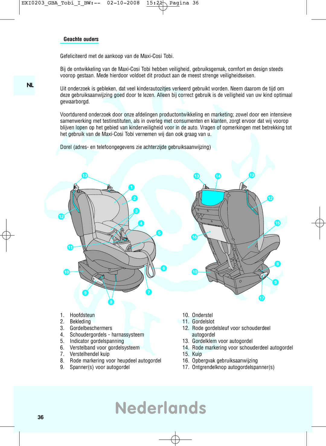 Maxi-Cosi DRU0632 manual Nederlands, Geachte ouders 