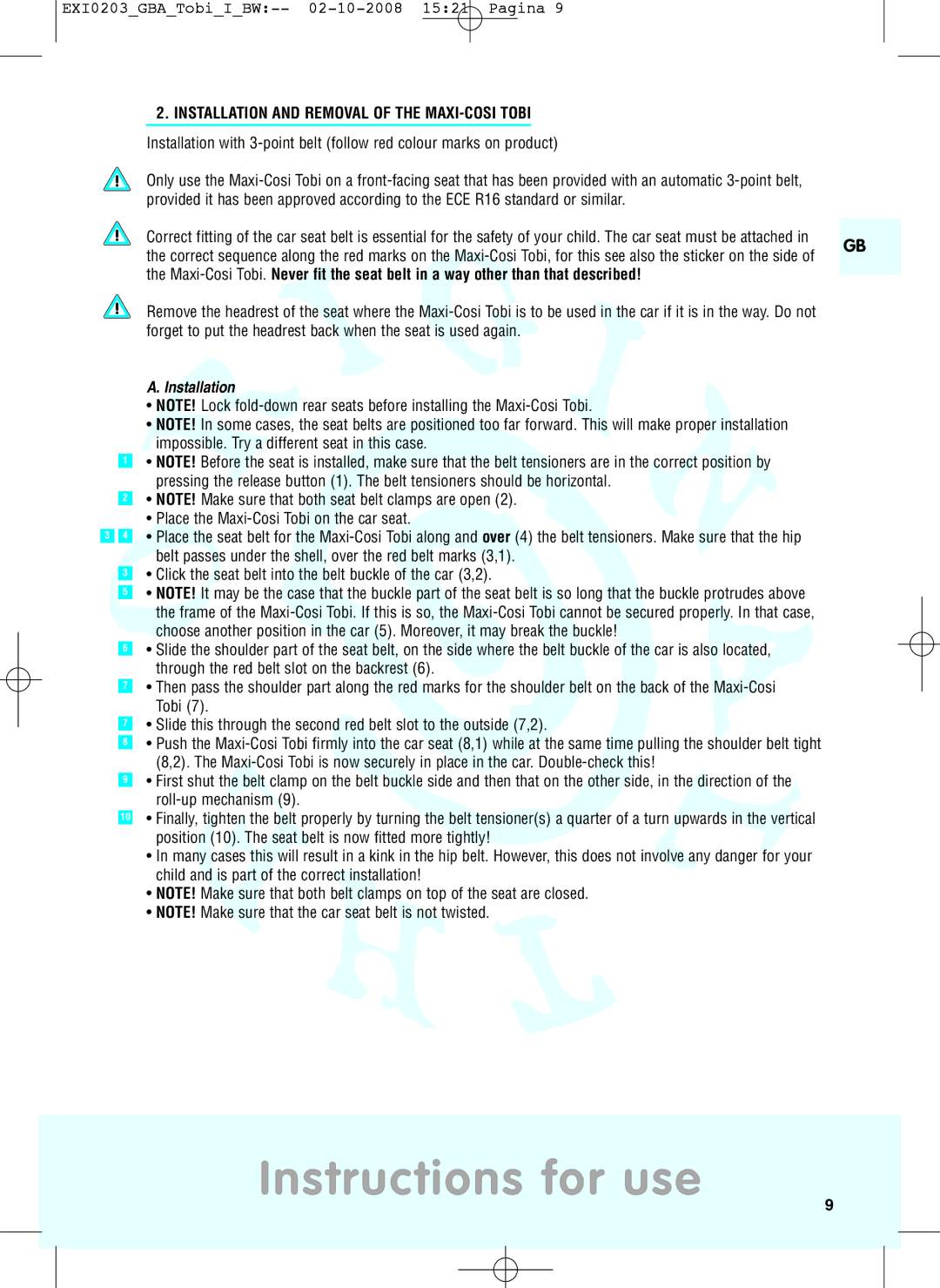 Maxi-Cosi DRU0632 manual Instructions for use, Installation and Removal of the MAXI-COSI Tobi 