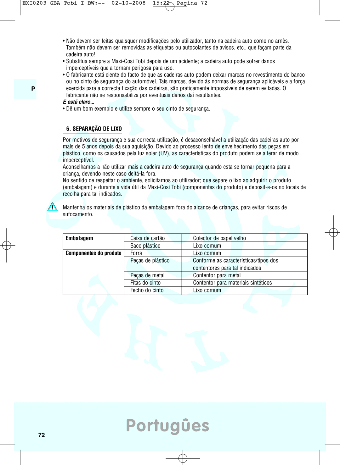 Maxi-Cosi DRU0632 Está claro, Dê um bom exemplo e utilize sempre o seu cinto de segurança, Separação DE Lixo, Embalagem 