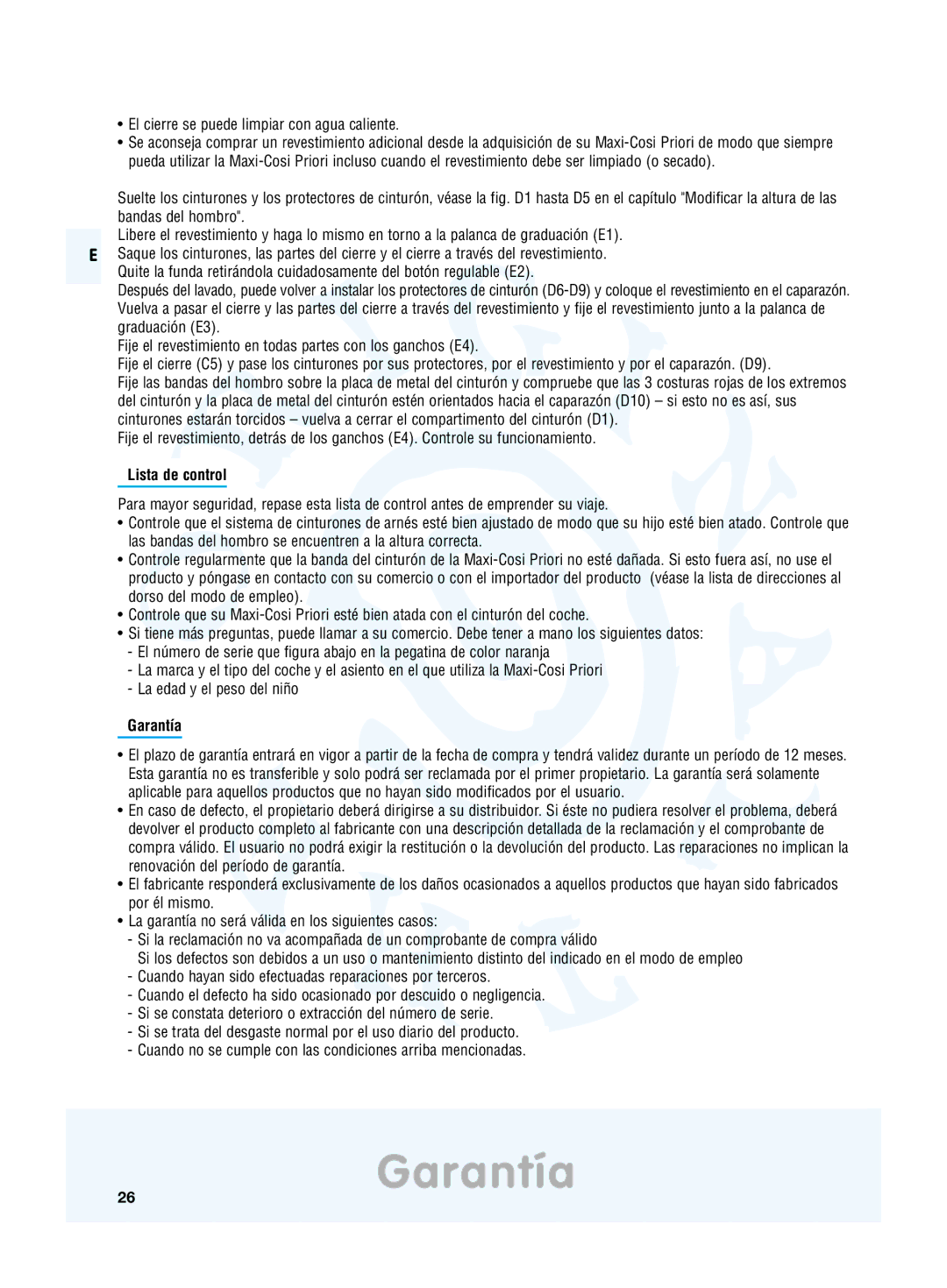 Maxi-Cosi Priori Side Protection System manual Garantía, El cierre se puede limpiar con agua caliente, Lista de control 