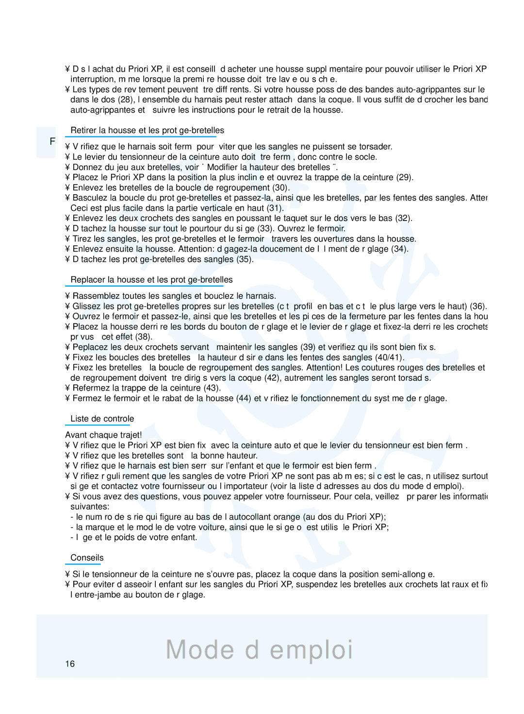 Maxi-Cosi Priori XP Retirer la housse et les protège-bretelles, Replacer la housse et les protège-bretelles, Conseils 