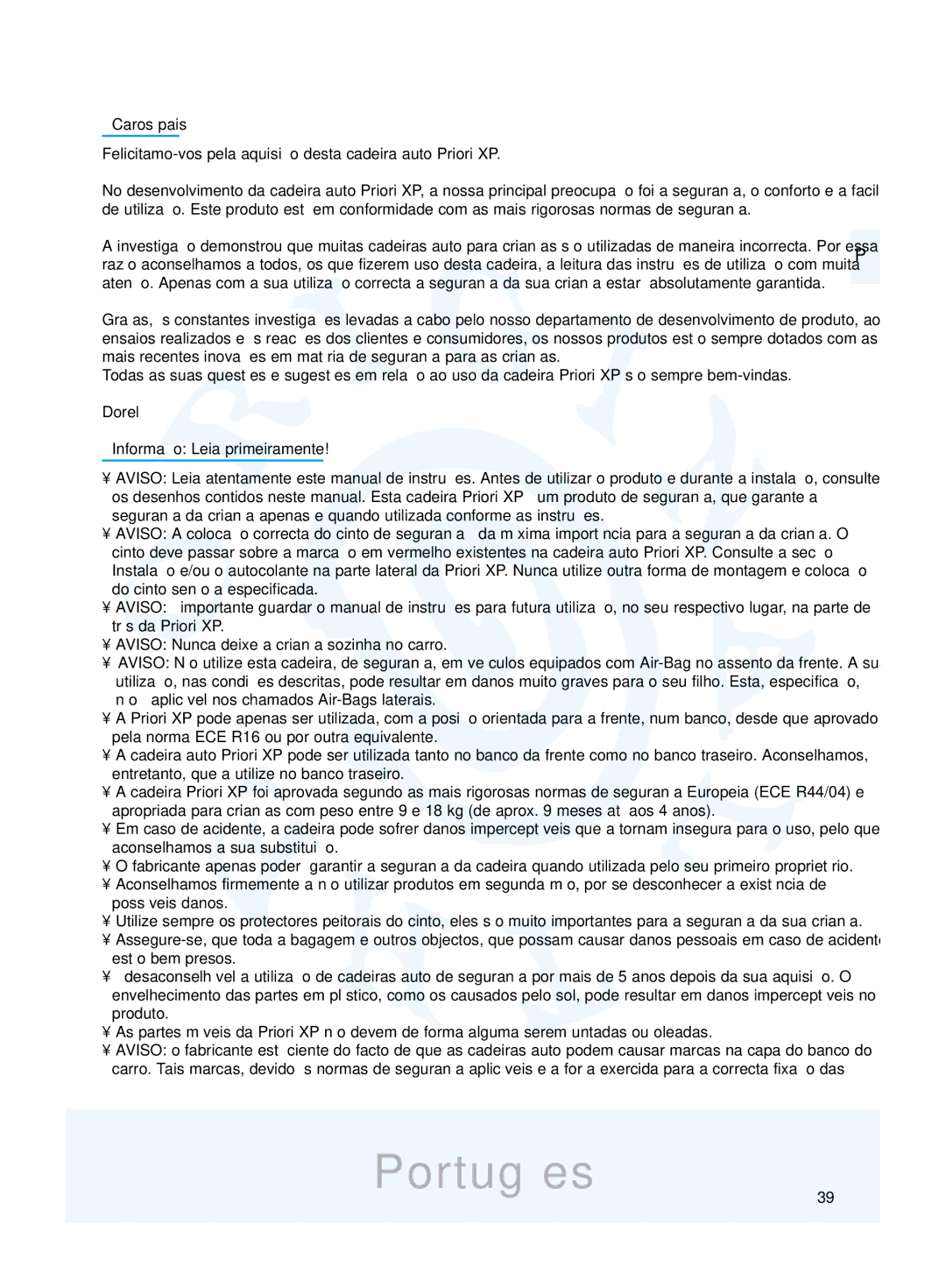 Maxi-Cosi manual Portugûes, Caros pais, Felicitamo-vos pela aquisição desta cadeira auto Priori XP 