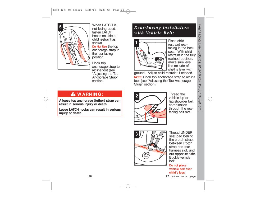 Maxi-Cosi Priori manual Rear-Facing Installation with Vehicle Belt, Loose Latch hooks can result in serious injury or death 