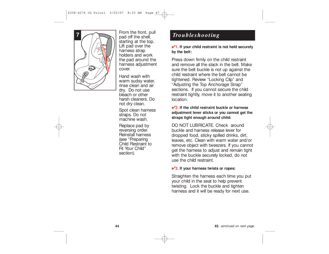 Maxi-Cosi Priori manual Troubleshooting, If your child restraint is not held securely by the belt 