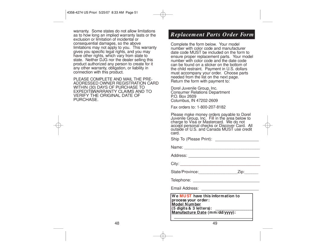 Maxi-Cosi Priori manual Replacement Parts Order Form 