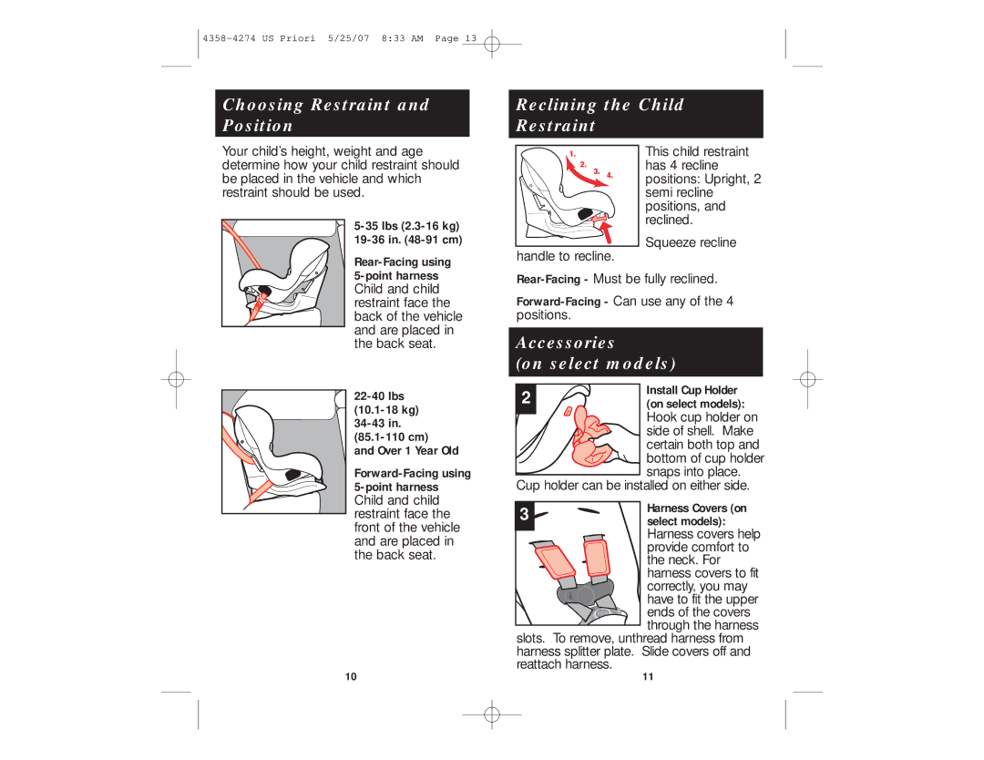 Maxi-Cosi Priori manual Accessories On select models, Lbs 2.3-16 kg -91 cm Rear-Facing using, Select models 