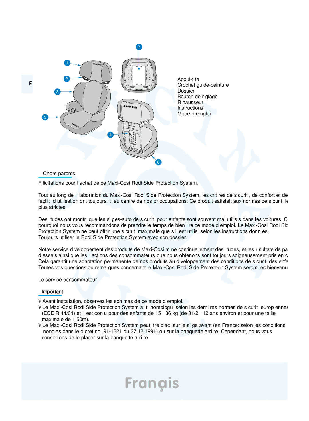 Maxi-Cosi safety seat manual Français, Mode d’emploi Chers parents 