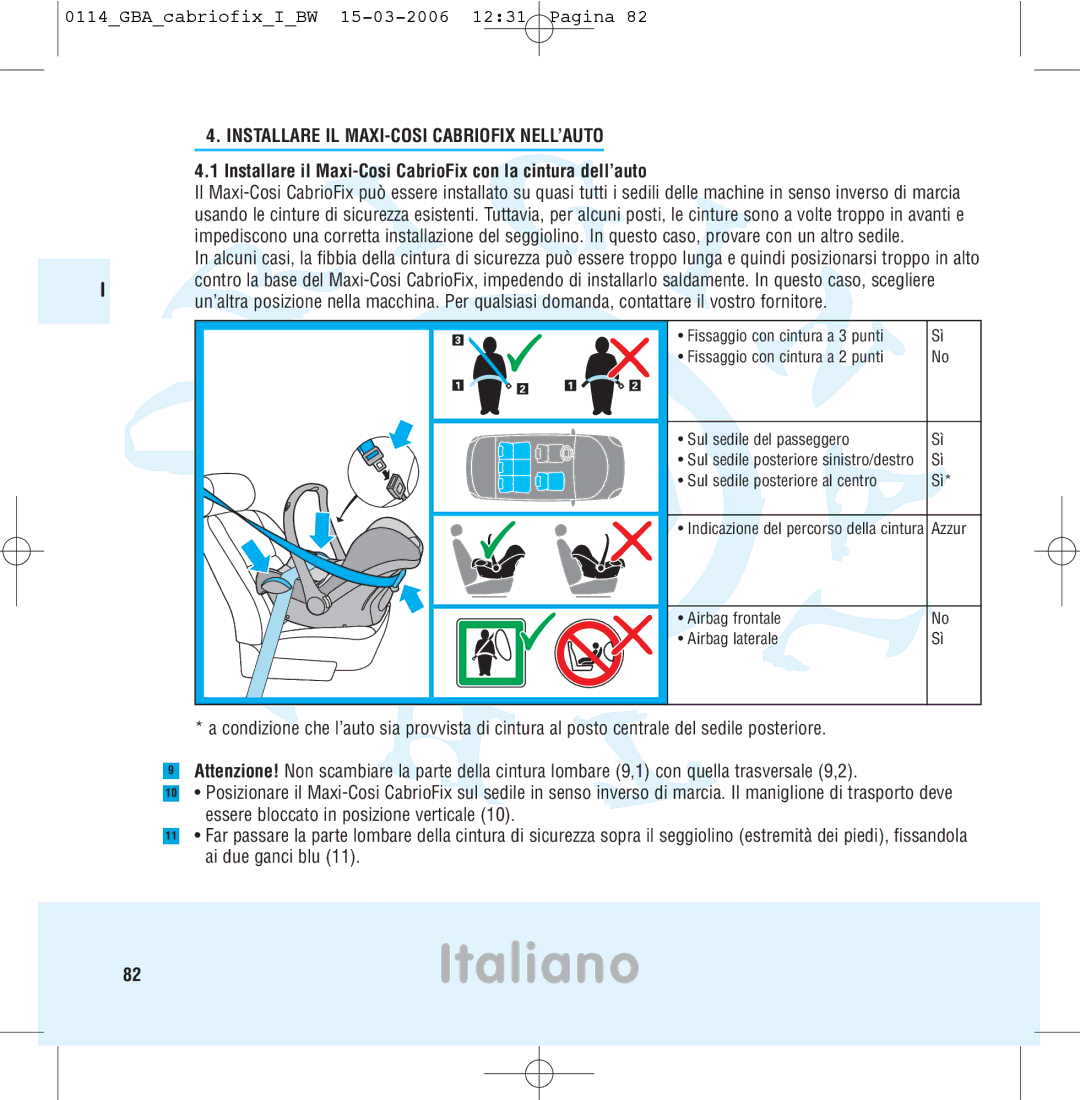 Maxi-Cosi THE SAFE WORLD OF I manual 82Italiano, Installare IL MAXI-COSI Cabriofix NELL’AUTO 