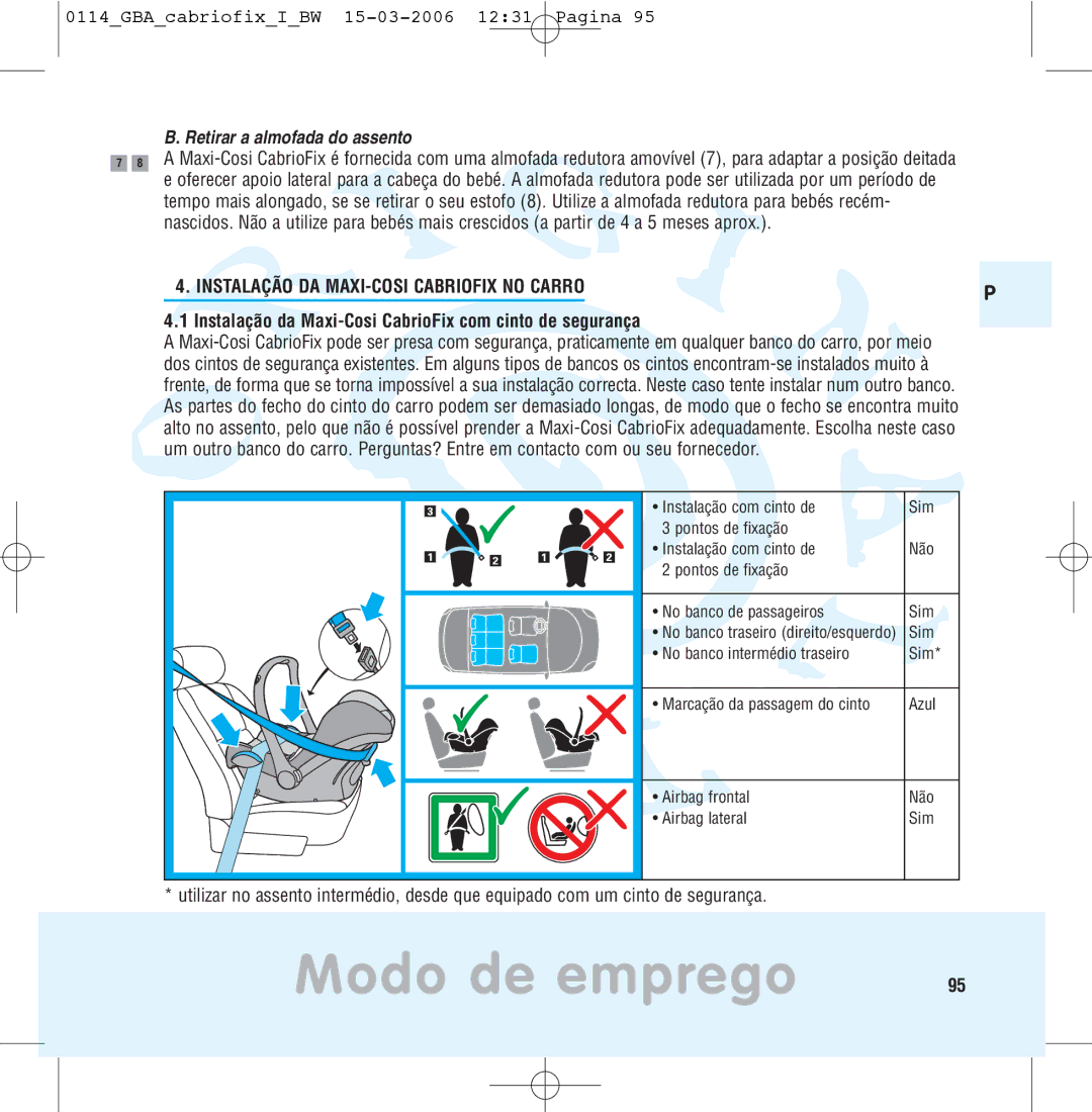 Maxi-Cosi THE SAFE WORLD OF I manual Retirar a almofada do assento, Instalação DA MAXI-COSI Cabriofix no Carro 