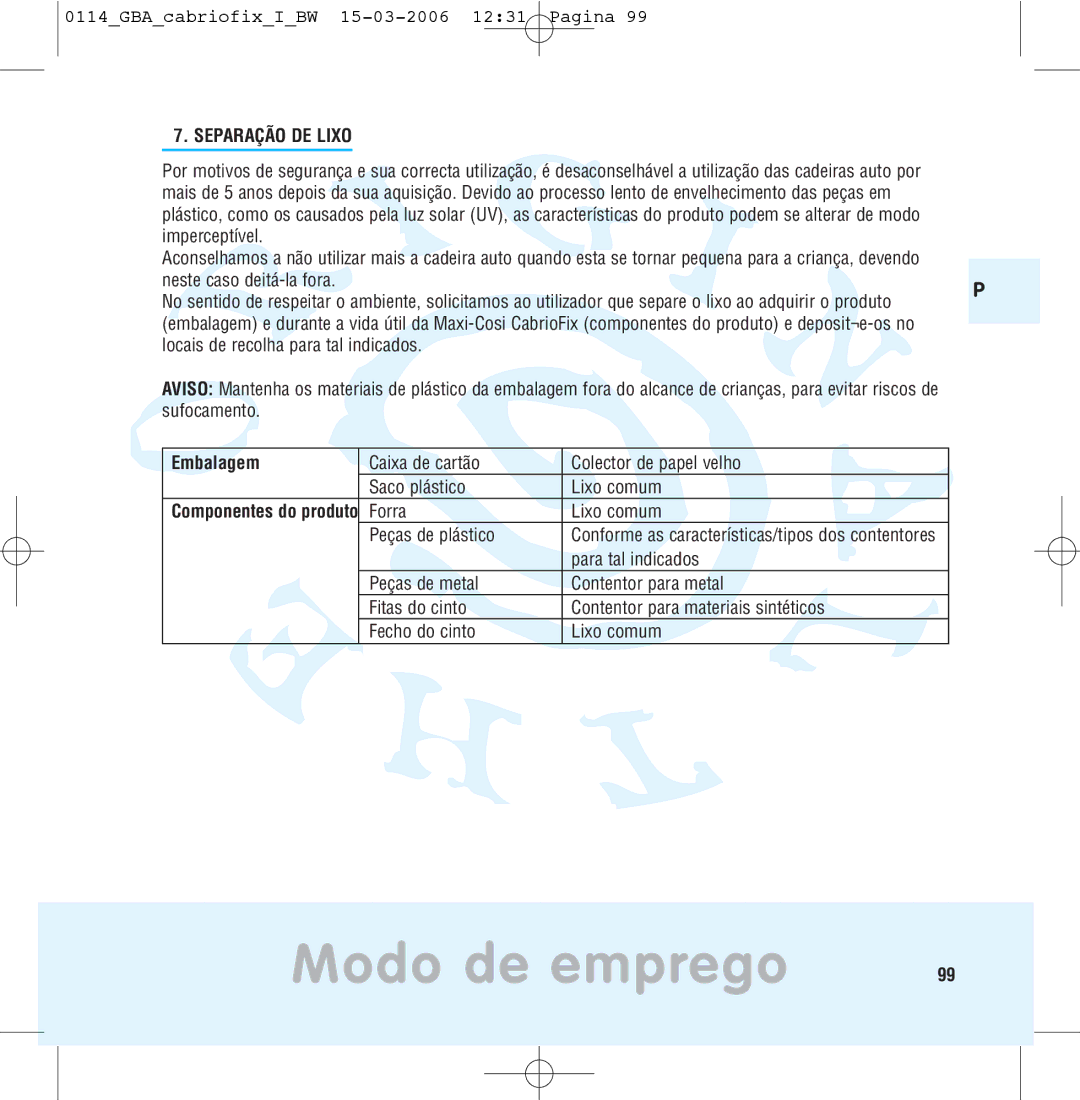 Maxi-Cosi THE SAFE WORLD OF I manual Separação DE Lixo, Embalagem, Forra Lixo comum Peças de plástico, Para tal indicados 