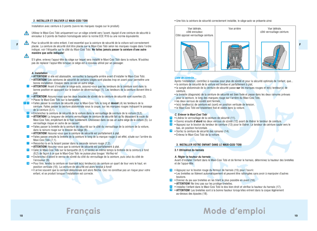 Maxi-Cosi manual Installer ET Enlever LE MAXI-COSI Tobi, Liste de contrôle…, Enlever le Maxi-Cosi Tobi 
