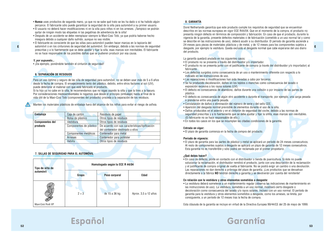 Maxi-Cosi Tobi manual Garantía, Por supuesto, Separación DE Residuos, Sillas DE Seguridad Para EL Automóvil 