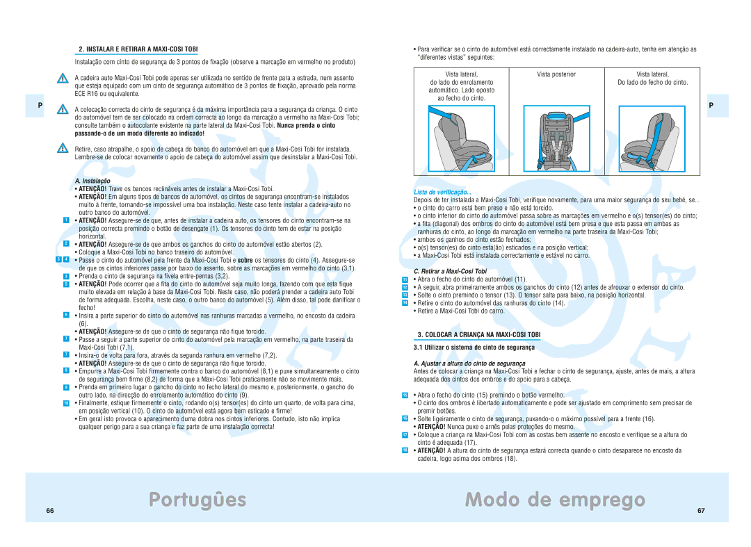 Maxi-Cosi manual Portugûes Modo de emprego, Instalação, Lista de verificação, Retirar a Maxi-Cosi Tobi 