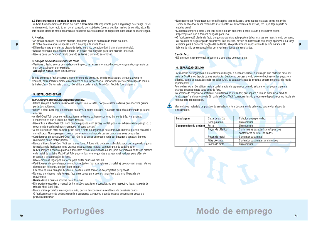 Maxi-Cosi Tobi manual Avarias, Solução de eventuais avarias do fecho, Tenha sempre atenção aos seguintes pontos, Está claro 