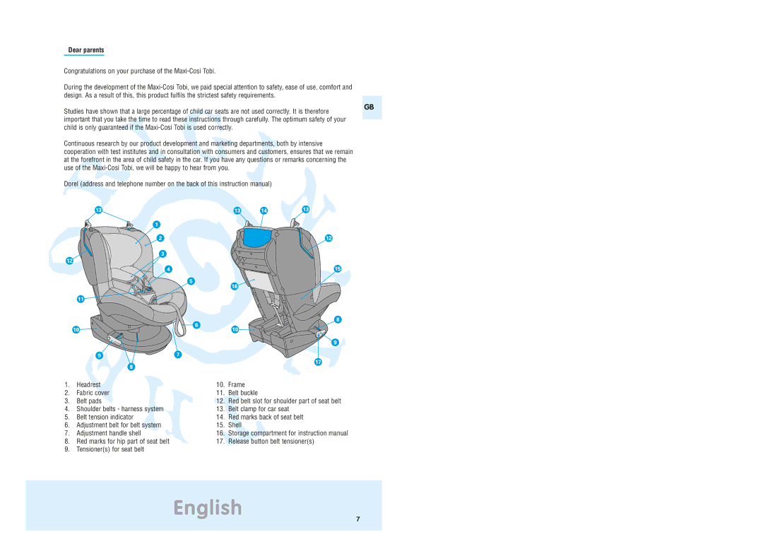 Maxi-Cosi Tobi manual English, Dear parents, Headrest Frame Fabric cover Belt buckle Belt pads 