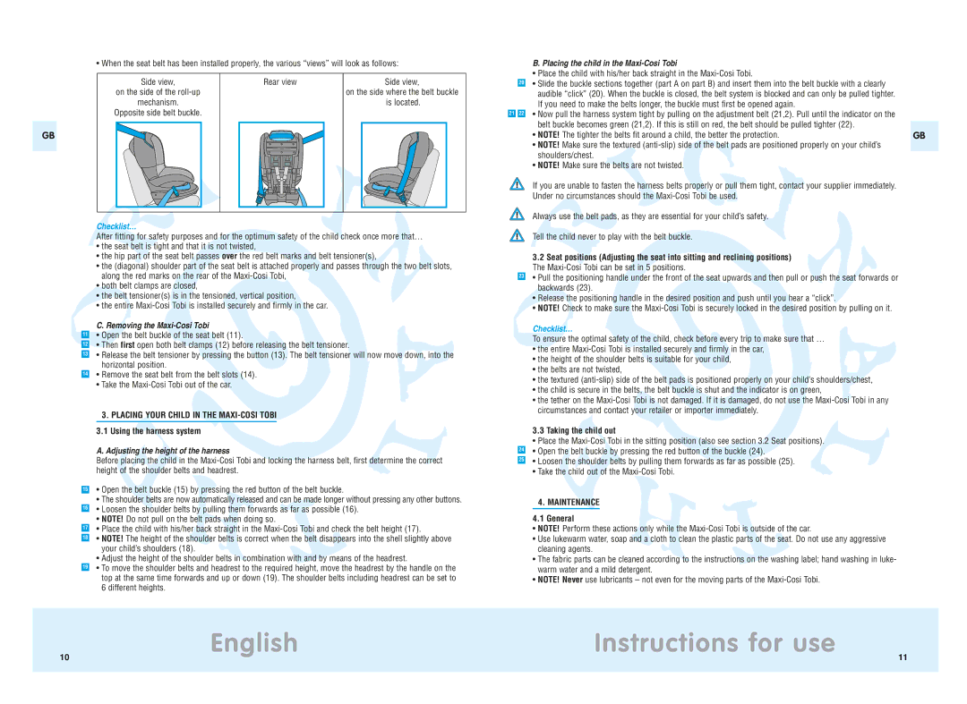 Maxi-Cosi manual Placing the child in the Maxi-Cosi Tobi, Checklist…, Removing the Maxi-Cosi Tobi 