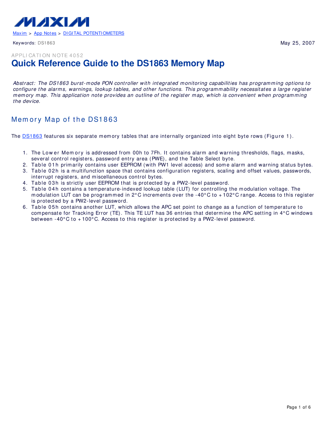 Maxim manual Quick Reference Guide to the DS1863 Memory Map, Memory Map of the DS1863 