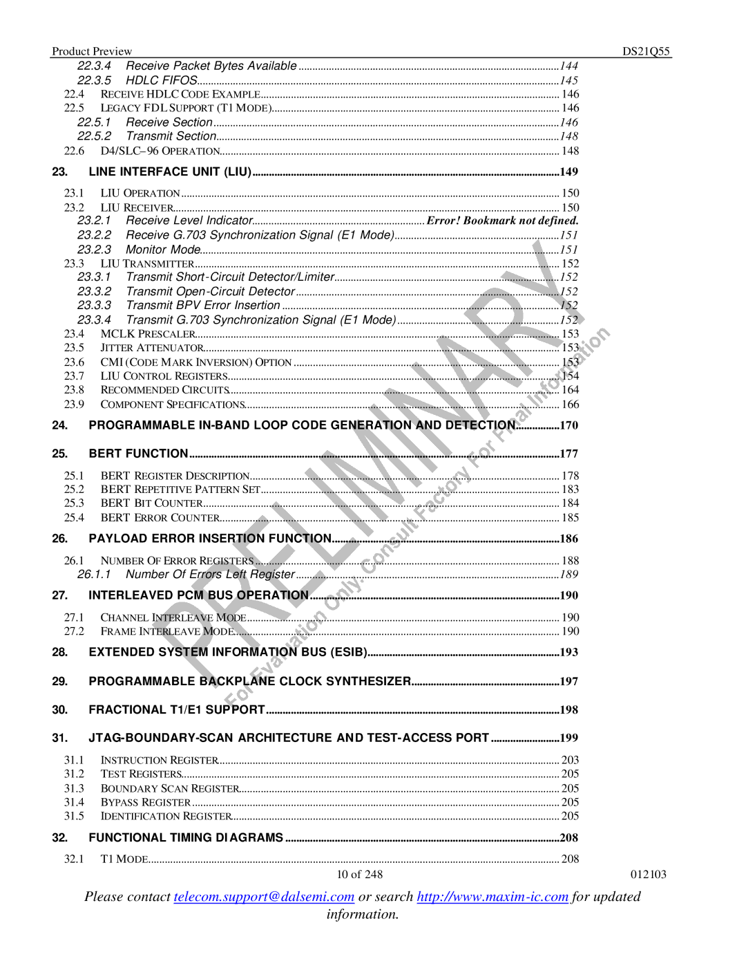 Maxim DS21Q55 specifications 149, 170, 177, 186, 190, 193, 197, 198, 199, 208 