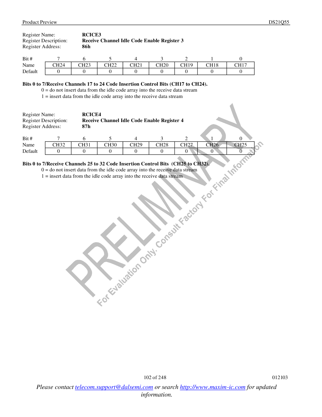 Maxim DS21Q55 specifications RCICE3, 86h, RCICE4, 87h 