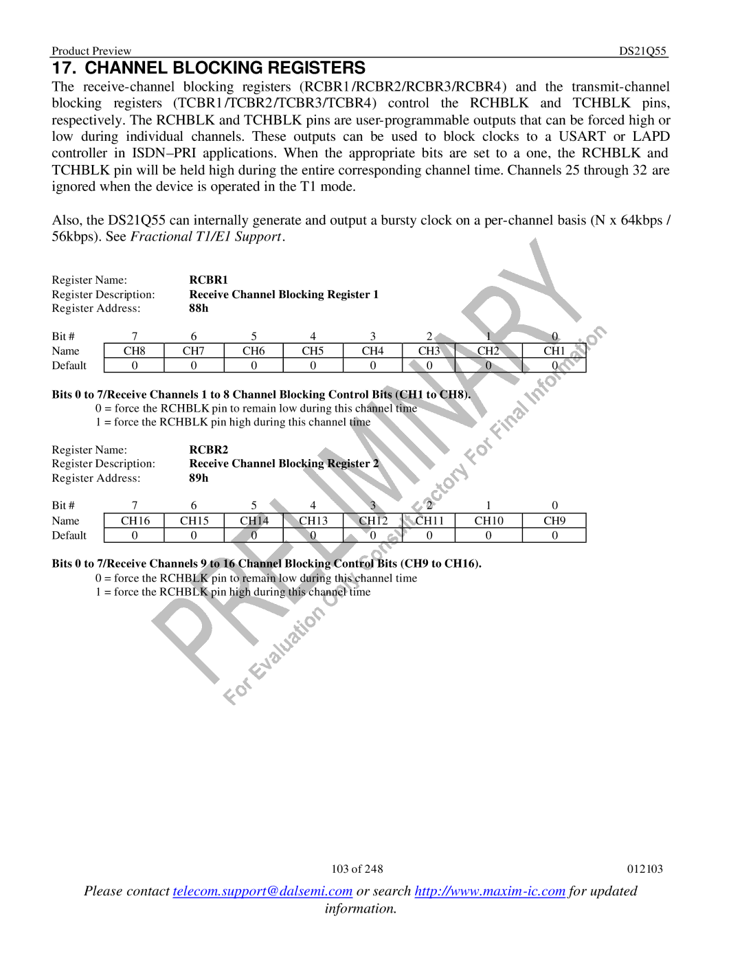 Maxim DS21Q55 specifications Channel Blocking Registers, RCBR1, RCBR2 