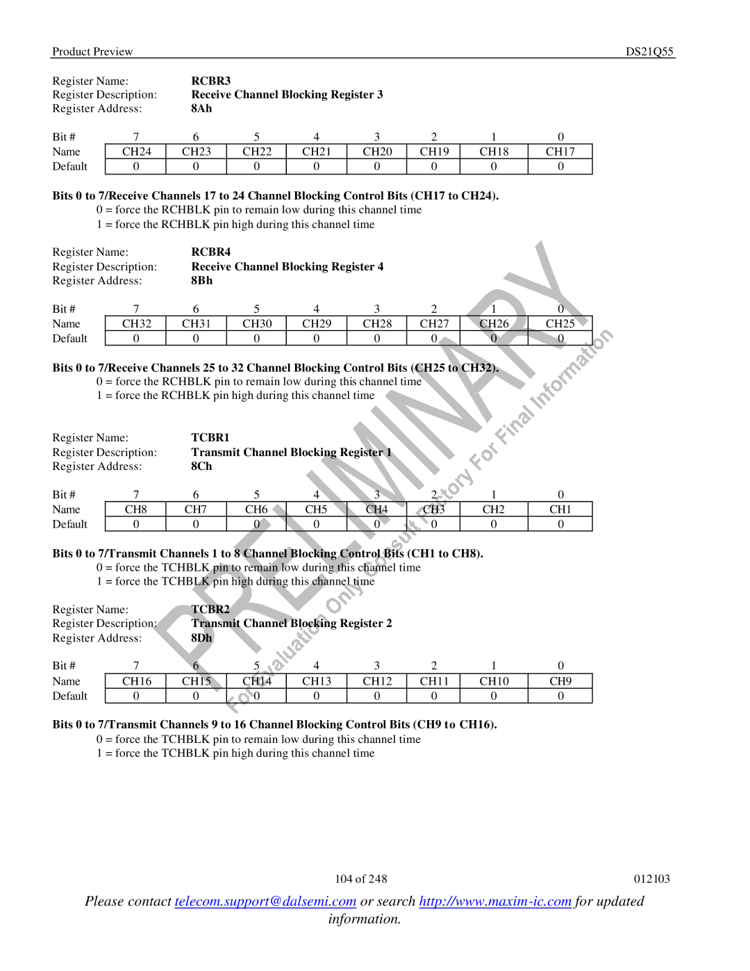 Maxim DS21Q55 specifications RCBR3, RCBR4, TCBR1, TCBR2 