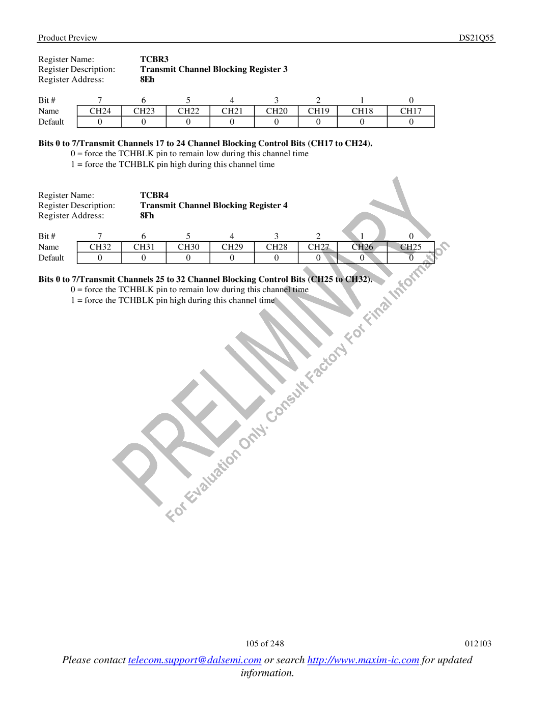 Maxim DS21Q55 specifications TCBR3, 8Eh, TCBR4, 8Fh 