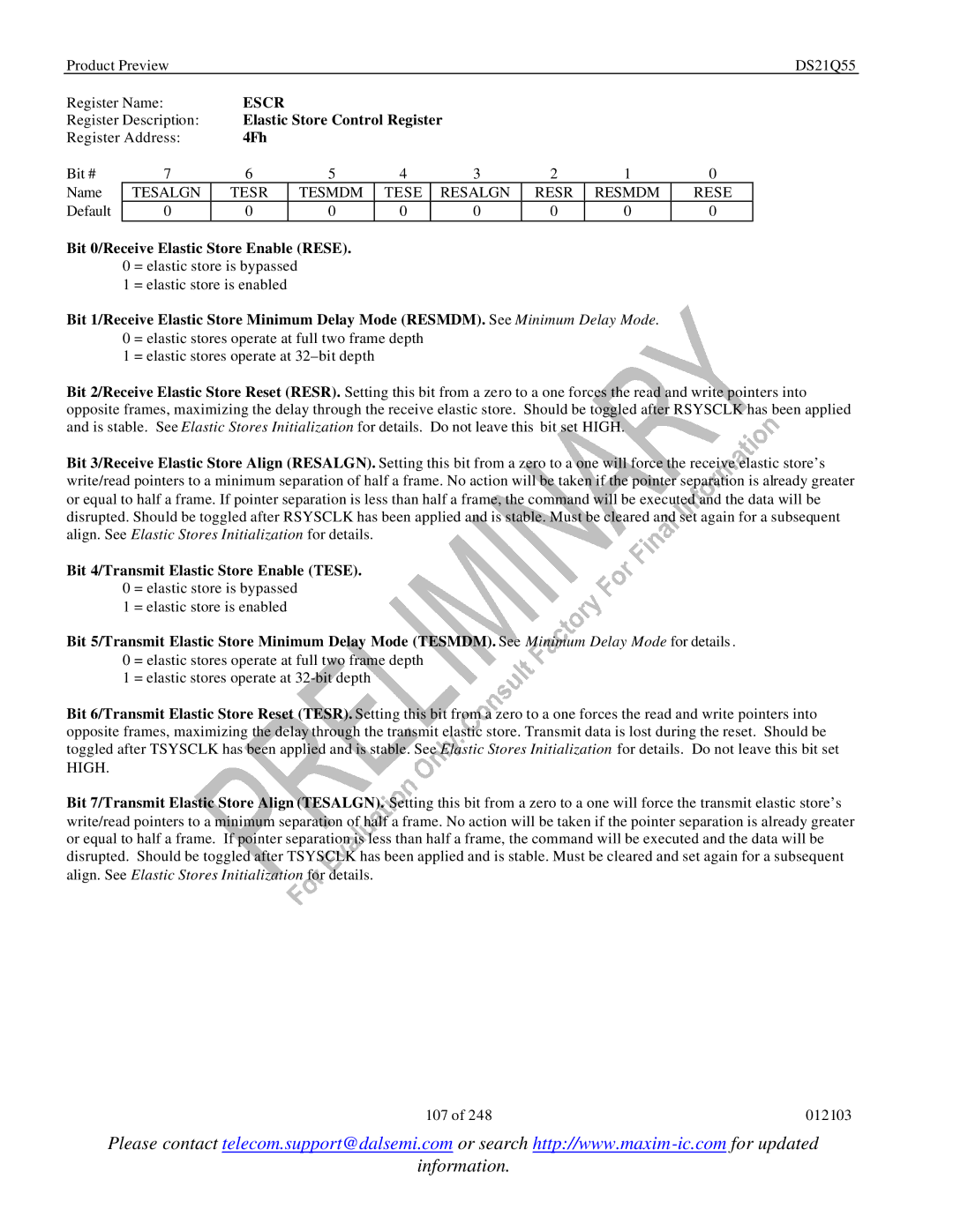 Maxim DS21Q55 specifications Escr, Elastic Store Control Register, 4Fh, Tesalgn Tesr Tesmdm Tese Resalgn Resr Resmdm Rese 