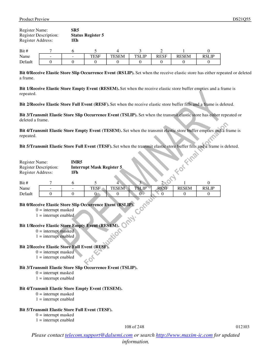 Maxim DS21Q55 specifications SR5, 1Eh, Tesf Tesem Tslip Resf Resem Rslip, IMR5, 1Fh 