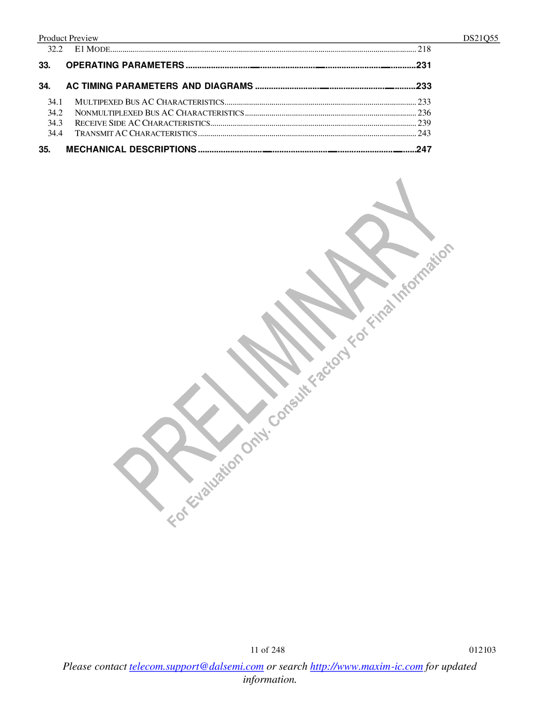 Maxim DS21Q55 specifications Operating Parameters, AC Timing Parameters and Diagrams, Mechanical Descriptions 