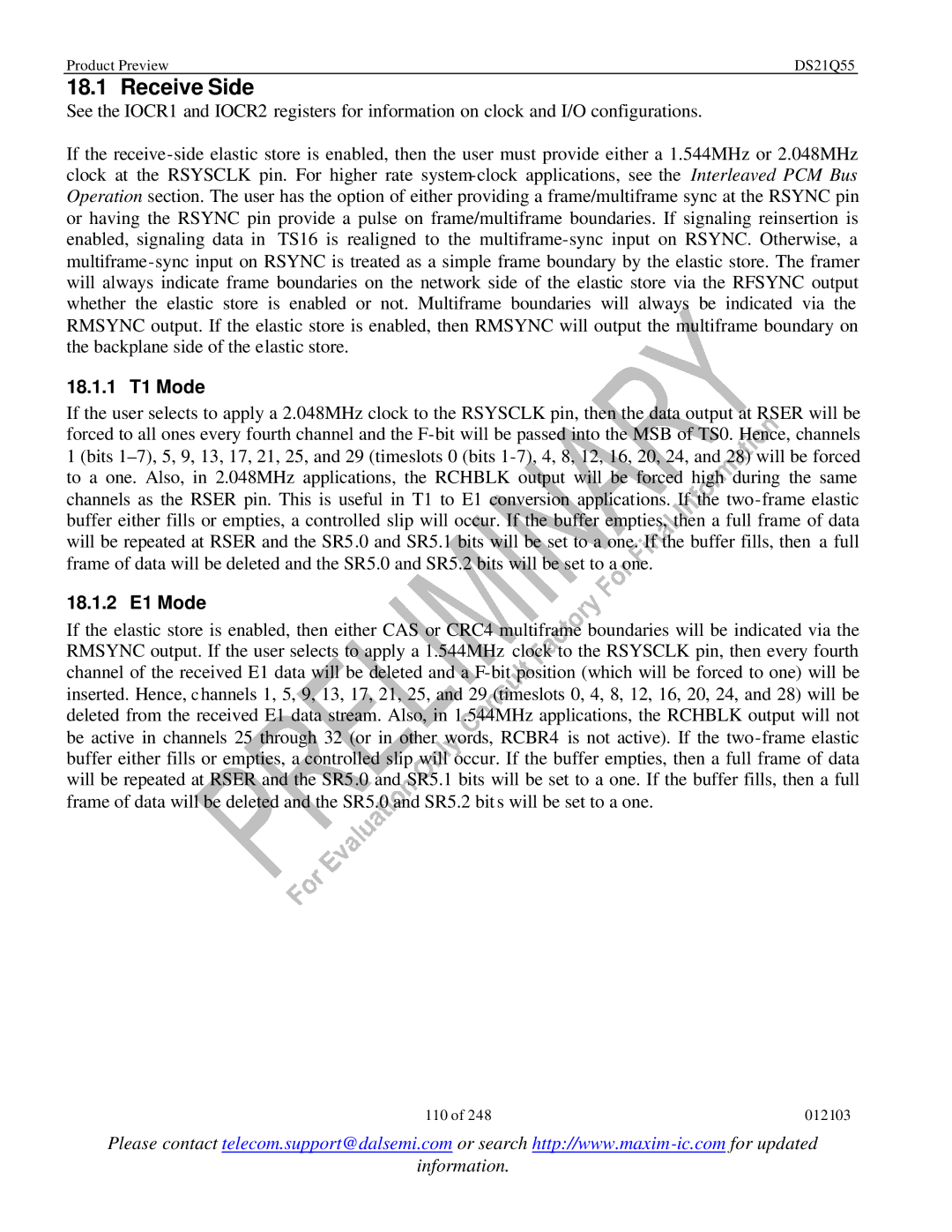 Maxim DS21Q55 specifications Receive Side, 18.1.1 T1 Mode, 18.1.2 E1 Mode 