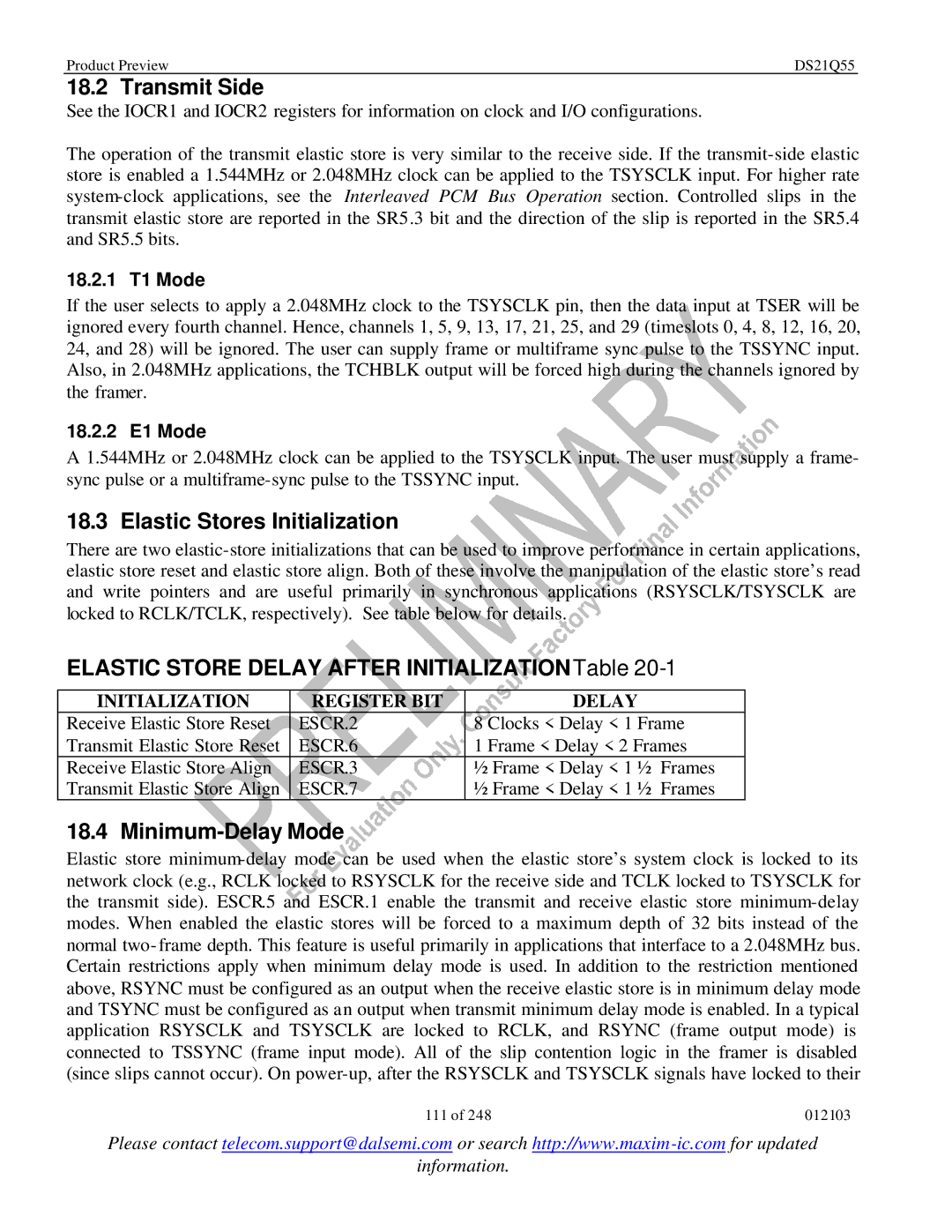 Maxim DS21Q55 specifications Transmit Side, Elastic Stores Initialization, Elastic Store Delay After Initialization Table 