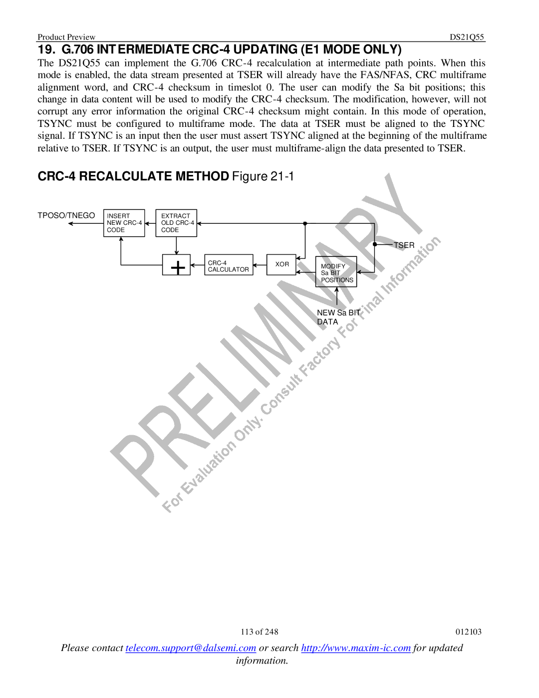 Maxim DS21Q55 specifications 19. G.706 INT Ermediate CRC-4 Updating E1 Mode only, CRC-4 Recalculate Method Figure 